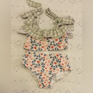 Girls Floral Two-Piece Swim Set with Gingham Ruffle Ties